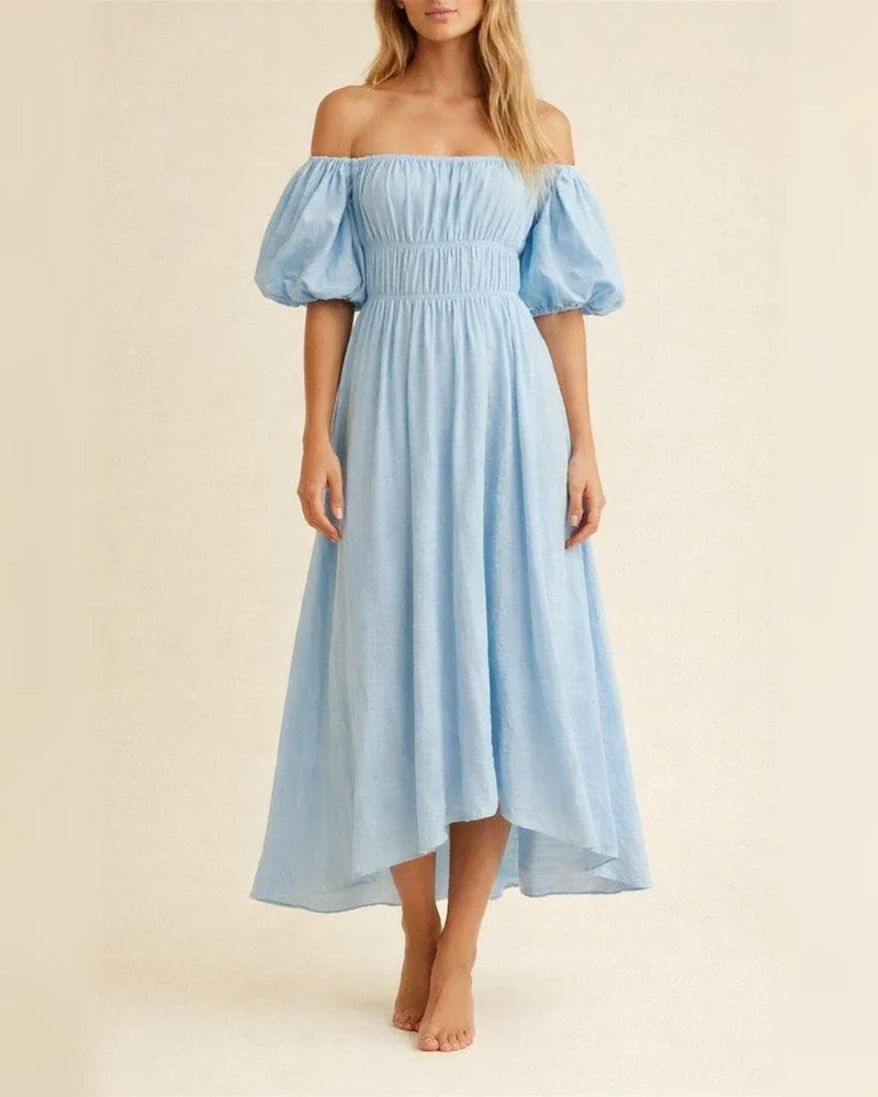 Sexy One-neck Off-the-shoulder Bubble Sleeve Elastic Waist Clear Big Swing Dress | JRSEE:34c2532a-4dbe-41ca-a6f8-15de063866bb