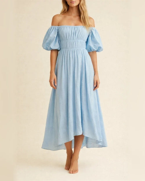 Sexy One-neck Off-the-shoulder Bubble Sleeve Elastic Waist Clear Big Swing Dress | JRSEE:34c2532a-4dbe-41ca-a6f8-15de063866bb
