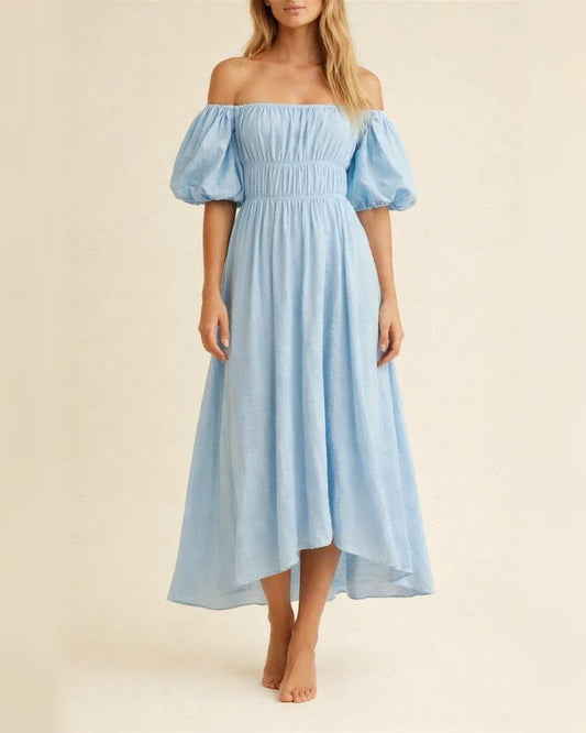 Sexy One-neck Off-the-shoulder Bubble Sleeve Elastic Waist Clear Big Swing Dress | JRSEE:34c2532a-4dbe-41ca-a6f8-15de063866bb