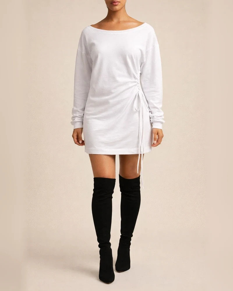 Sexy Round Neck Loose Waist Long Sleeve Dress | JRSEE:b5528a68-c7b5-4b78-9059-c1382a3220f8