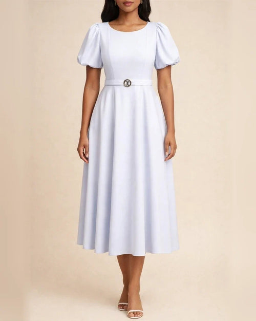 Short Sleeve Pleated Solid Color Large Skirt Evening Dress Dress | JRSEE:c0243cb1-d0cd-4a83-b8d2-77e54defd20e