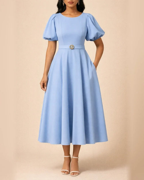 Short Sleeve Pleated Solid Color Large Skirt Evening Dress Dress | JRSEE:eb490978-a731-42c7-bf3f-d8a8b14d8b22
