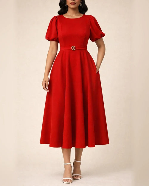 Short Sleeve Pleated Solid Color Large Skirt Evening Dress Dress | JRSEE:aaa695e2-7691-4d70-ac30-b98fd3fccfa9