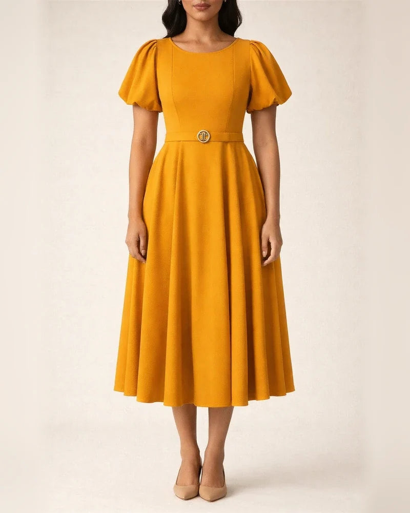 Short Sleeve Pleated Solid Color Large Skirt Evening Dress Dress | JRSEE:abd4b768-ea43-4b37-af01-812c675a9758