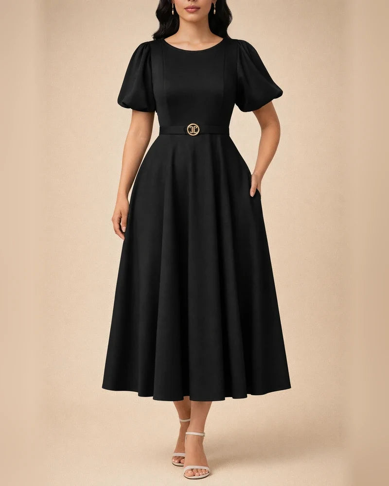 Short Sleeve Pleated Solid Color Large Skirt Evening Dress Dress | JRSEE:a92b483c-7253-49a4-8f23-9ed1180b8491