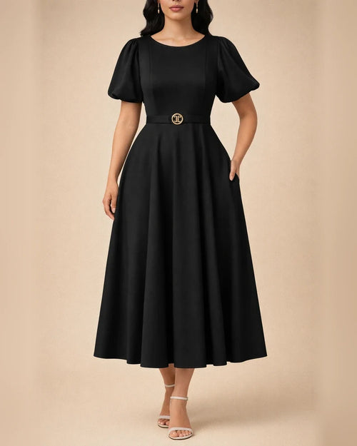 Short Sleeve Pleated Solid Color Large Skirt Evening Dress Dress | JRSEE:a92b483c-7253-49a4-8f23-9ed1180b8491