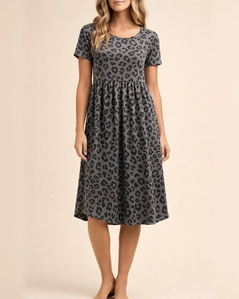 Short-sleeved Dress Summer New Leopard Print Round Neck Waist Short Skirt Female | JRSEE:ad77180c-d9fa-48fe-a5ee-0ef4e5e0edf6