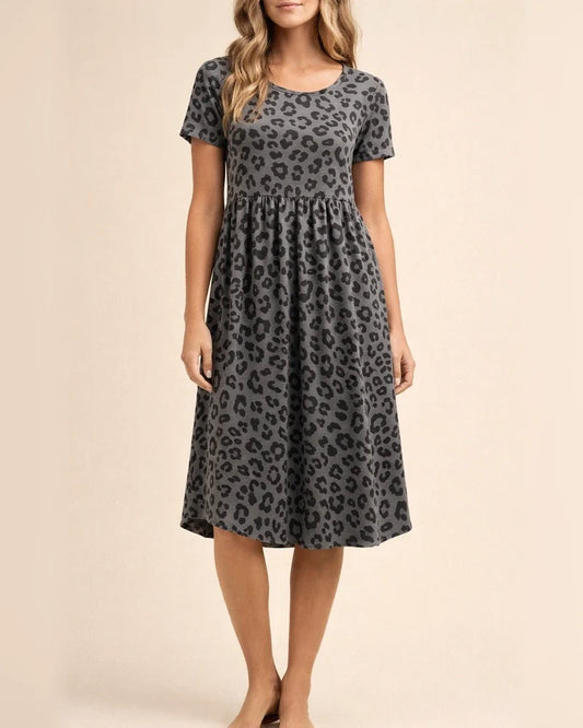 Short-sleeved Dress Summer New Leopard Print Round Neck Waist Short Skirt Female | JRSEE:ad77180c-d9fa-48fe-a5ee-0ef4e5e0edf6