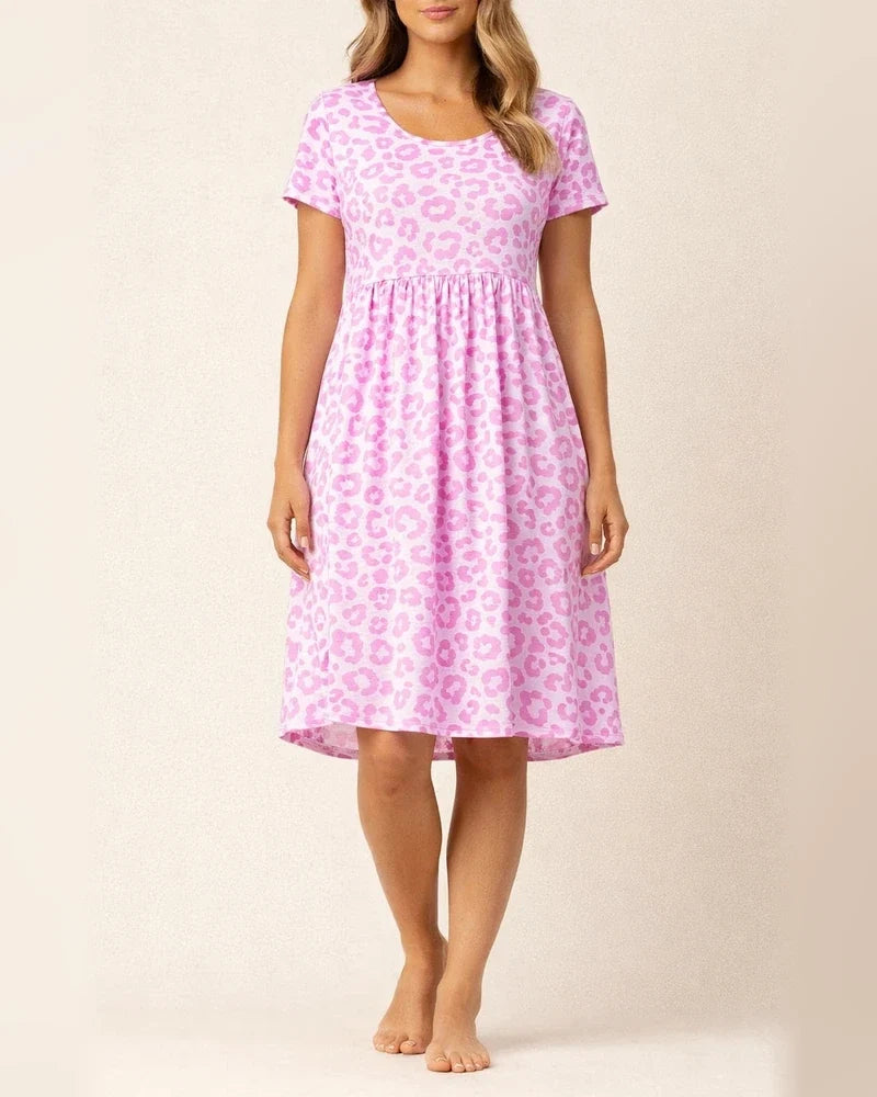 Short-sleeved Dress Summer New Leopard Print Round Neck Waist Short Skirt Female | JRSEE:63aa3c0c-2644-4678-b2bf-becb2ffedc5c