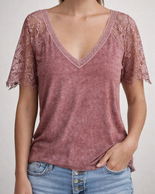 Short-sleeved V-neck Feather Lace Lace Sleeve Women's Tops | JRSEE:57225053-576b-4c67-8135-abd39f6073ec