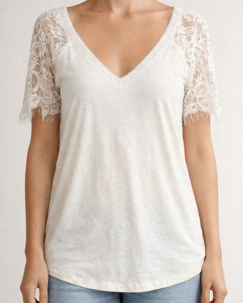 Short-sleeved V-neck Feather Lace Lace Sleeve Women's Tops | JRSEE:8a3ad060-c5f1-4621-8342-c93474b22529