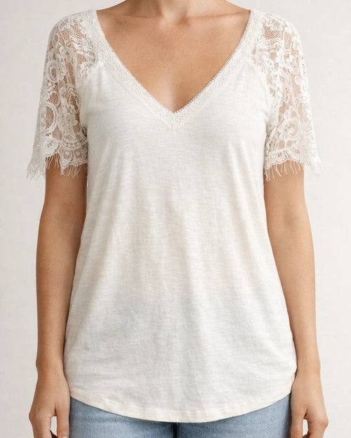 Short-sleeved V-neck Feather Lace Lace Sleeve Women's Tops | JRSEE:8a3ad060-c5f1-4621-8342-c93474b22529