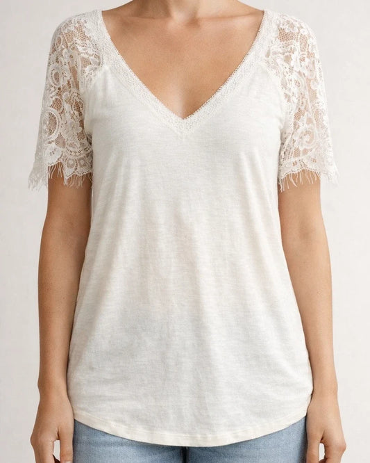 Short-sleeved V-neck Feather Lace Lace Sleeve Women's Tops | JRSEE:8a3ad060-c5f1-4621-8342-c93474b22529