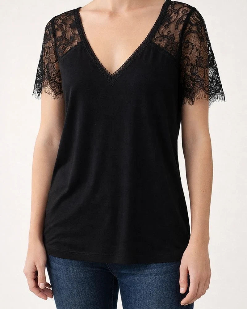 Short-sleeved V-neck Feather Lace Lace Sleeve Women's Tops | JRSEE:7e392799-7ab8-4ad1-9466-d3cbe7347fae