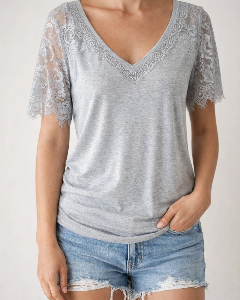 Short-sleeved V-neck Feather Lace Lace Sleeve Women's Tops | JRSEE:4e3b11fa-6c8b-408f-a9f0-19d438a169f2