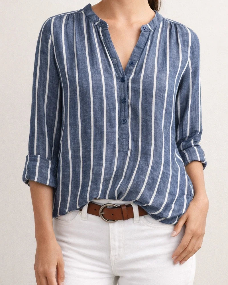 Simple Fashion Print Striped Shirt Straight-type Stand-up Collar Cardigan Long-sleeved Female Comfortable Casual Style | JRSEE:13acc7bf-4bc3-49f5-9b50-124f27d8a852