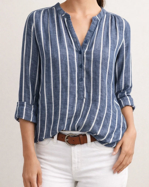 Simple Fashion Print Striped Shirt Straight-type Stand-up Collar Cardigan Long-sleeved Female Comfortable Casual Style | JRSEE:13acc7bf-4bc3-49f5-9b50-124f27d8a852
