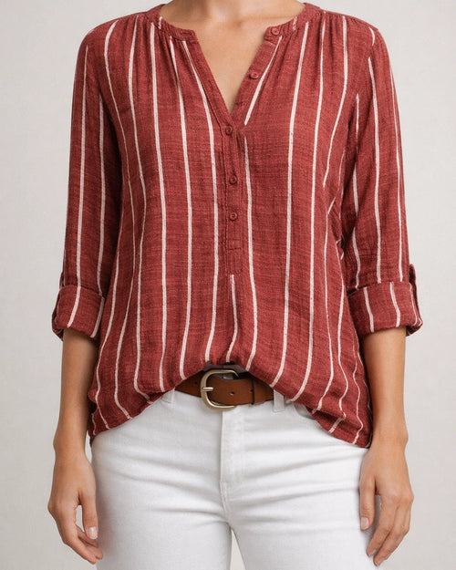 Simple Fashion Print Striped Shirt Straight-type Stand-up Collar Cardigan Long-sleeved Female Comfortable Casual Style | JRSEE:e6a75f44-88dc-4a0c-a135-37bfbc2eb656