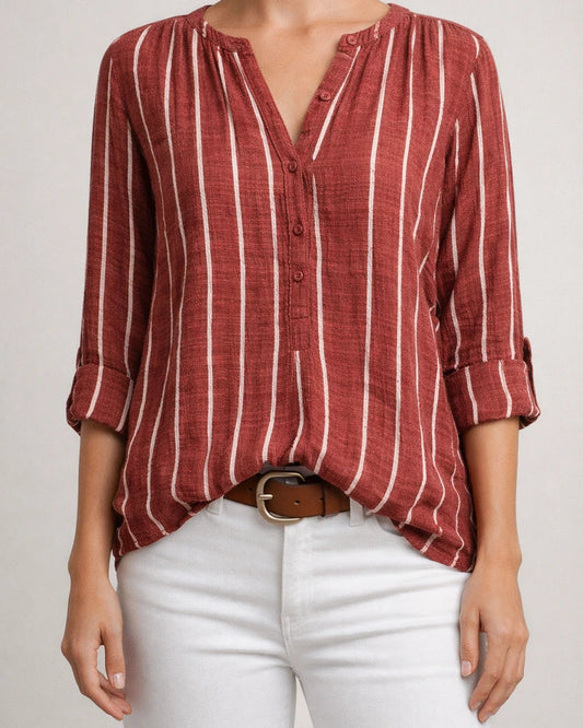 Simple Fashion Print Striped Shirt Straight-type Stand-up Collar Cardigan Long-sleeved Female Comfortable Casual Style | JRSEE:e6a75f44-88dc-4a0c-a135-37bfbc2eb656