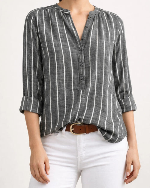 Simple Fashion Print Striped Shirt Straight-type Stand-up Collar Cardigan Long-sleeved Female Comfortable Casual Style | JRSEE:c8e79eb0-51e2-49d4-85a0-00a4a71900f1