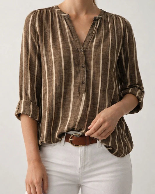Simple Fashion Print Striped Shirt Straight-type Stand-up Collar Cardigan Long-sleeved Female Comfortable Casual Style | JRSEE:9817ad3e-989b-4db6-8012-4ae7c31ef899