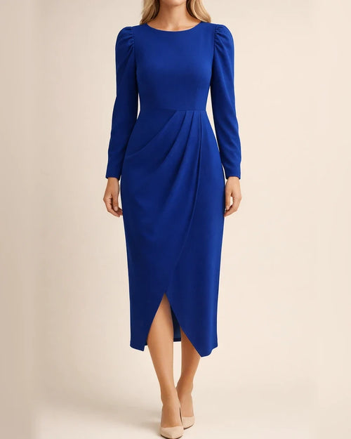 Solid Color Dress Autumn and Winter Temperament and Elegant Waisted Round Neck Temperament and Elegant Long Skirt | JRSEE:69e2cdbd-44ff-44c9-bdac-a9fb7ad7bb47