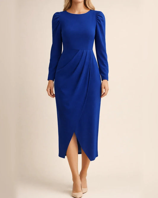 Solid Color Dress Autumn and Winter Temperament and Elegant Waisted Round Neck Temperament and Elegant Long Skirt | JRSEE:69e2cdbd-44ff-44c9-bdac-a9fb7ad7bb47
