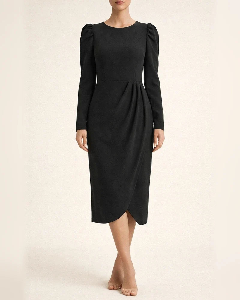 Solid Color Dress Autumn and Winter Temperament and Elegant Waisted Round Neck Temperament and Elegant Long Skirt | JRSEE:959c166e-dda6-4fc3-932d-06242c8ac1c2
