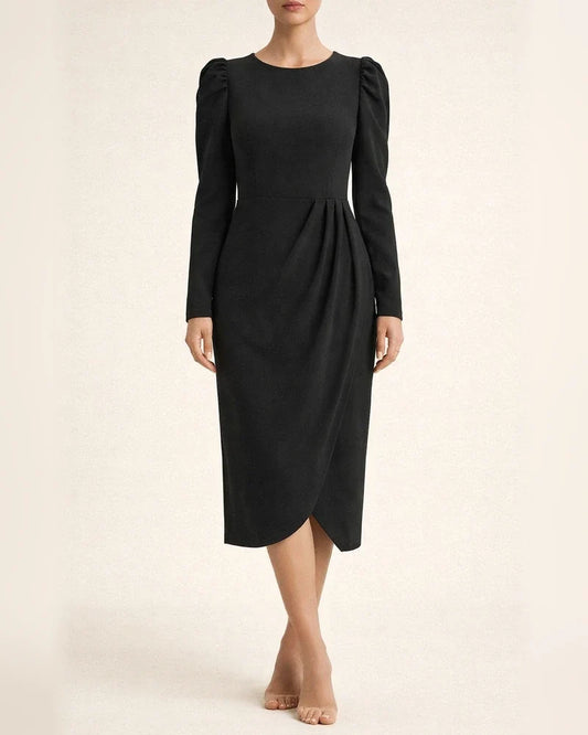Solid Color Dress Autumn and Winter Temperament and Elegant Waisted Round Neck Temperament and Elegant Long Skirt | JRSEE:959c166e-dda6-4fc3-932d-06242c8ac1c2