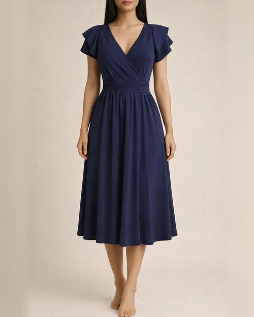 Solid Color Dress Summer Ladies Temperament Elegant V-neck Petal Sleeve Mid-length Dresses | JRSEE:e7835f22-c06a-4127-aace-c95340ca96e9