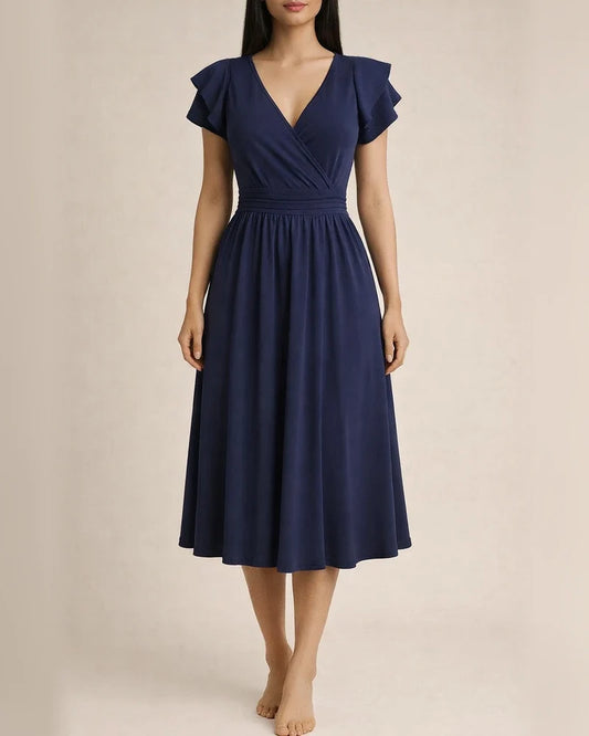 Solid Color Dress Summer Ladies Temperament Elegant V-neck Petal Sleeve Mid-length Dresses | JRSEE:e7835f22-c06a-4127-aace-c95340ca96e9