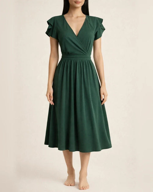 Solid Color Dress Summer Ladies Temperament Elegant V-neck Petal Sleeve Mid-length Dresses | JRSEE:93a9f251-62d9-42ed-8ab2-2037f7d22aee