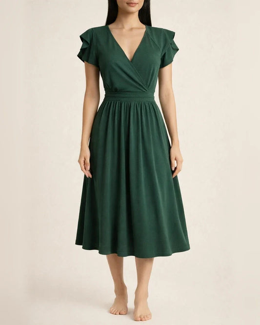 Solid Color Dress Summer Ladies Temperament Elegant V-neck Petal Sleeve Mid-length Dresses | JRSEE:93a9f251-62d9-42ed-8ab2-2037f7d22aee