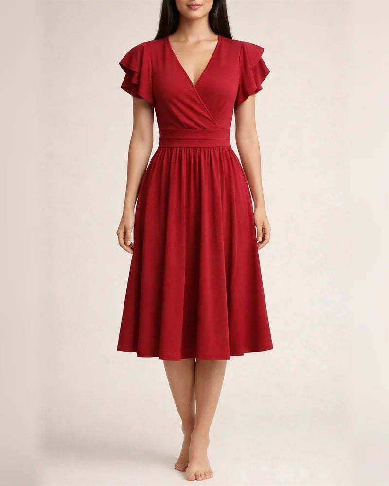 Solid Color Dress Summer Ladies Temperament Elegant V-neck Petal Sleeve Mid-length Dresses | JRSEE:11c6e4b0-bf54-43ec-8985-1d44d9a7fb24