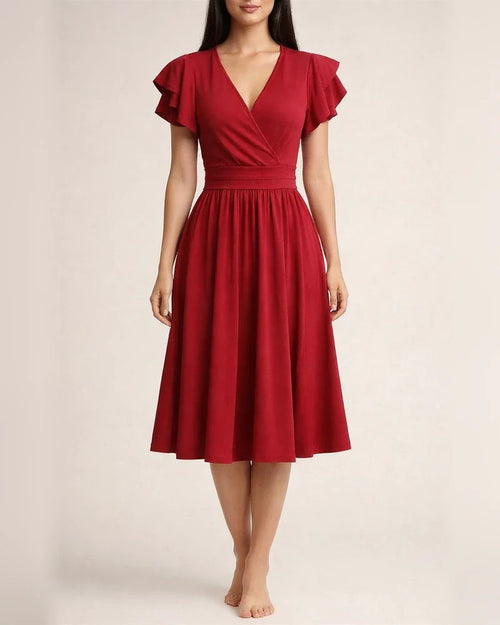 Solid Color Dress Summer Ladies Temperament Elegant V-neck Petal Sleeve Mid-length Dresses | JRSEE:11c6e4b0-bf54-43ec-8985-1d44d9a7fb24