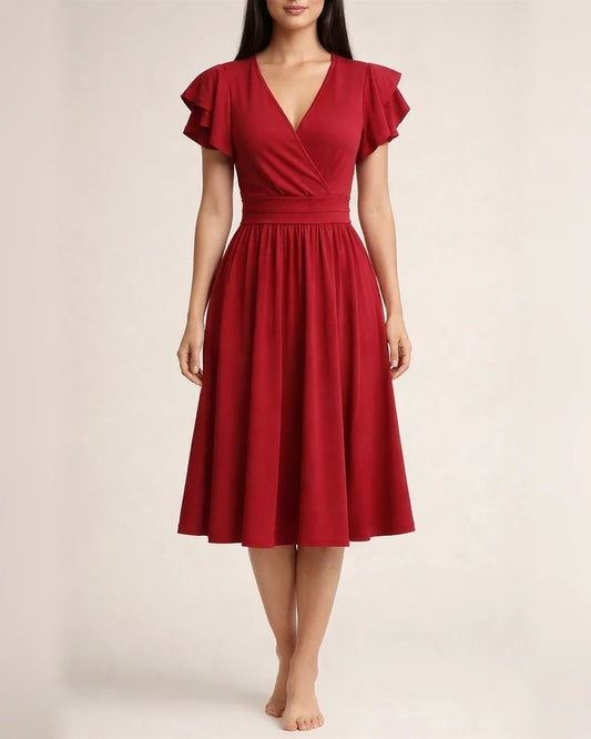 Solid Color Dress Summer Ladies Temperament Elegant V-neck Petal Sleeve Mid-length Dresses | JRSEE:11c6e4b0-bf54-43ec-8985-1d44d9a7fb24