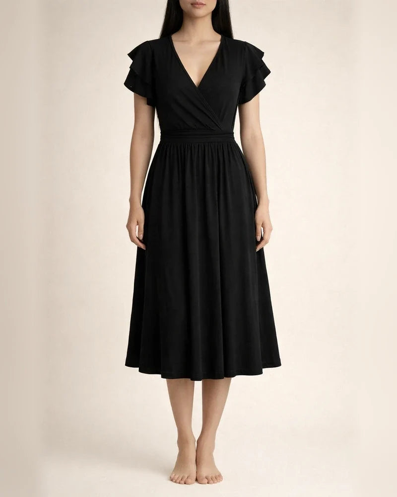 Solid Color Dress Summer Ladies Temperament Elegant V-neck Petal Sleeve Mid-length Dresses | JRSEE:27c6e84e-4a3b-4d60-a75f-0cea0aec5def