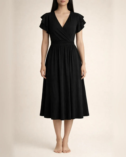 Solid Color Dress Summer Ladies Temperament Elegant V-neck Petal Sleeve Mid-length Dresses | JRSEE:27c6e84e-4a3b-4d60-a75f-0cea0aec5def
