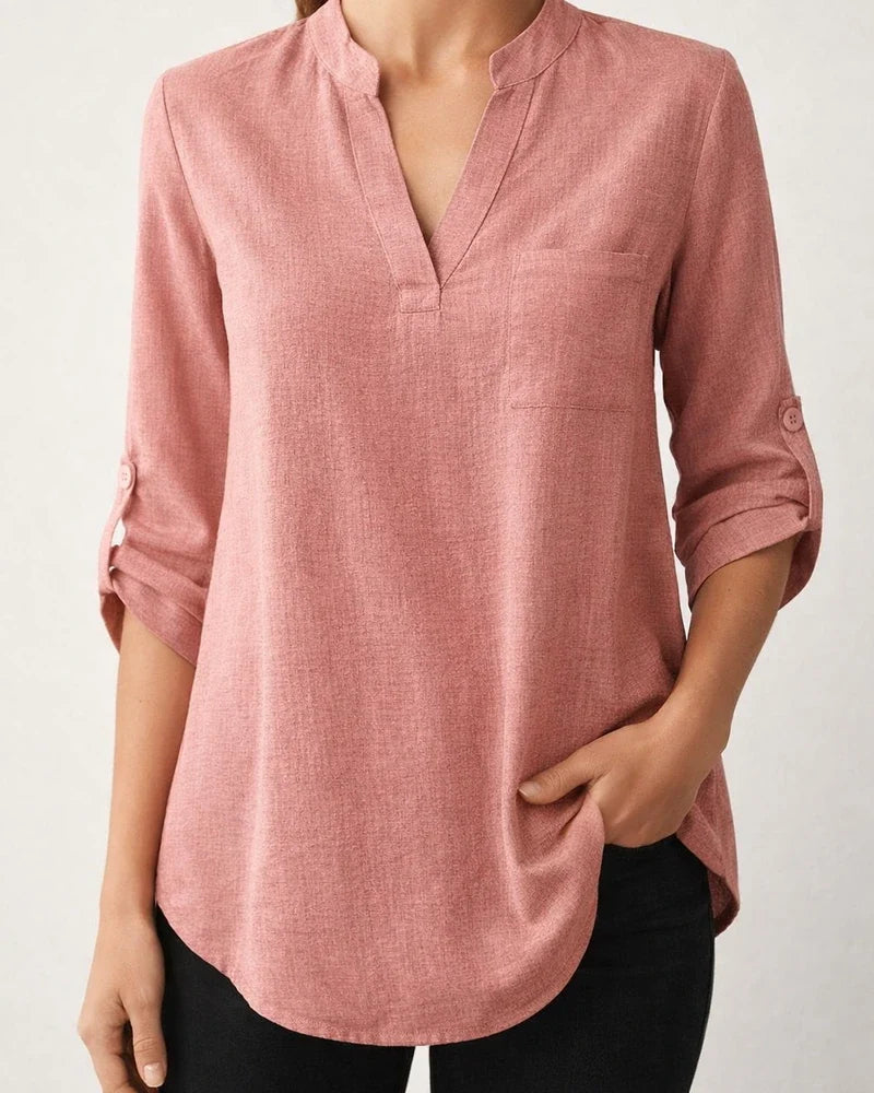 Solid Color Ladies Fashion Casual Nine-minute Sleeve Notched V-neck Shirt | JRSEE:d94ef207-2004-405f-a0e7-01dcce49b1e1