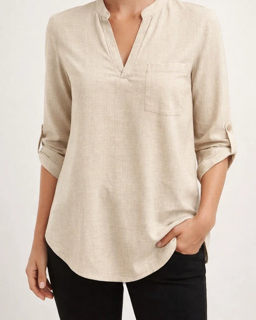 Solid Color Ladies Fashion Casual Nine-minute Sleeve Notched V-neck Shirt | JRSEE:fa7252d0-921f-45c5-af60-a6e4784de108