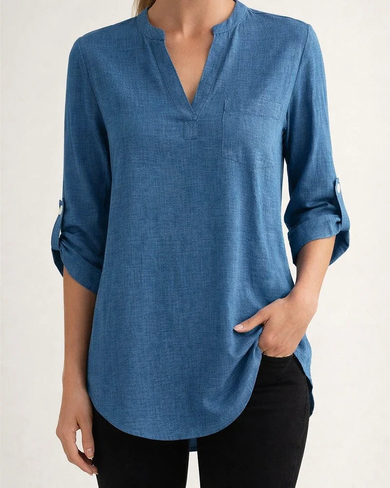 Solid Color Ladies Fashion Casual Nine-minute Sleeve Notched V-neck Shirt | JRSEE:7cda5e3b-2dcf-4ee2-a0f4-9952083d2a88