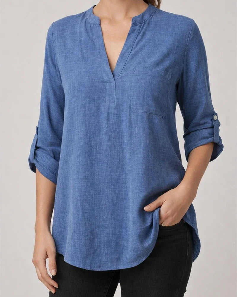 Solid Color Ladies Fashion Casual Nine-minute Sleeve Notched V-neck Shirt | JRSEE:a799b856-2910-469f-b5c3-a66b0b8769e0