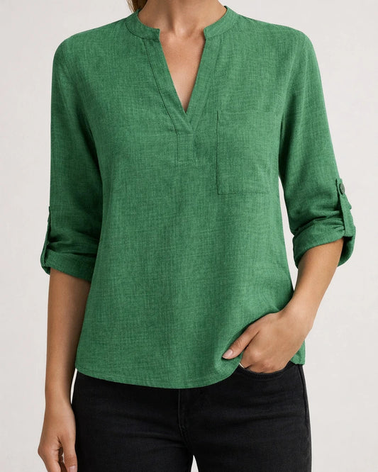 Solid Color Ladies Fashion Casual Nine-minute Sleeve Notched V-neck Shirt | JRSEE:35a43403-f6c4-4b09-b5a3-175ad1bf8d78