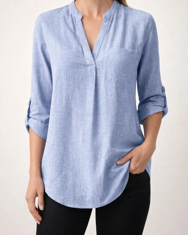 Solid Color Ladies Fashion Casual Nine-minute Sleeve Notched V-neck Shirt | JRSEE:d4a87ece-fec0-486f-b5fb-784028fe7477