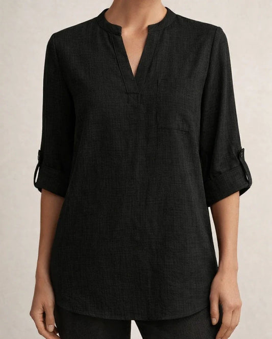 Solid Color Ladies Fashion Casual Nine-minute Sleeve Notched V-neck Shirt | JRSEE:715d0a3b-e5cc-4d57-b7a8-1ab3018c5727