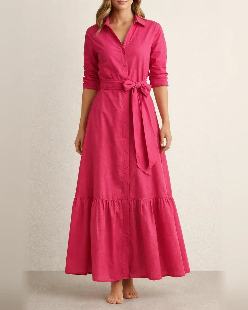 Solid Color Lapel Belt Long Dress | JRSEE:8e33e8f1-2536-4dde-93d3-4ad6b49bd304