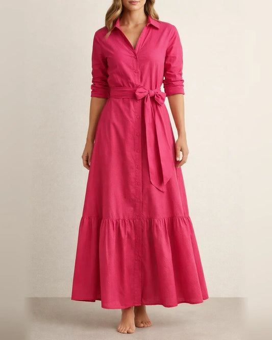 Solid Color Lapel Belt Long Dress | JRSEE:8e33e8f1-2536-4dde-93d3-4ad6b49bd304