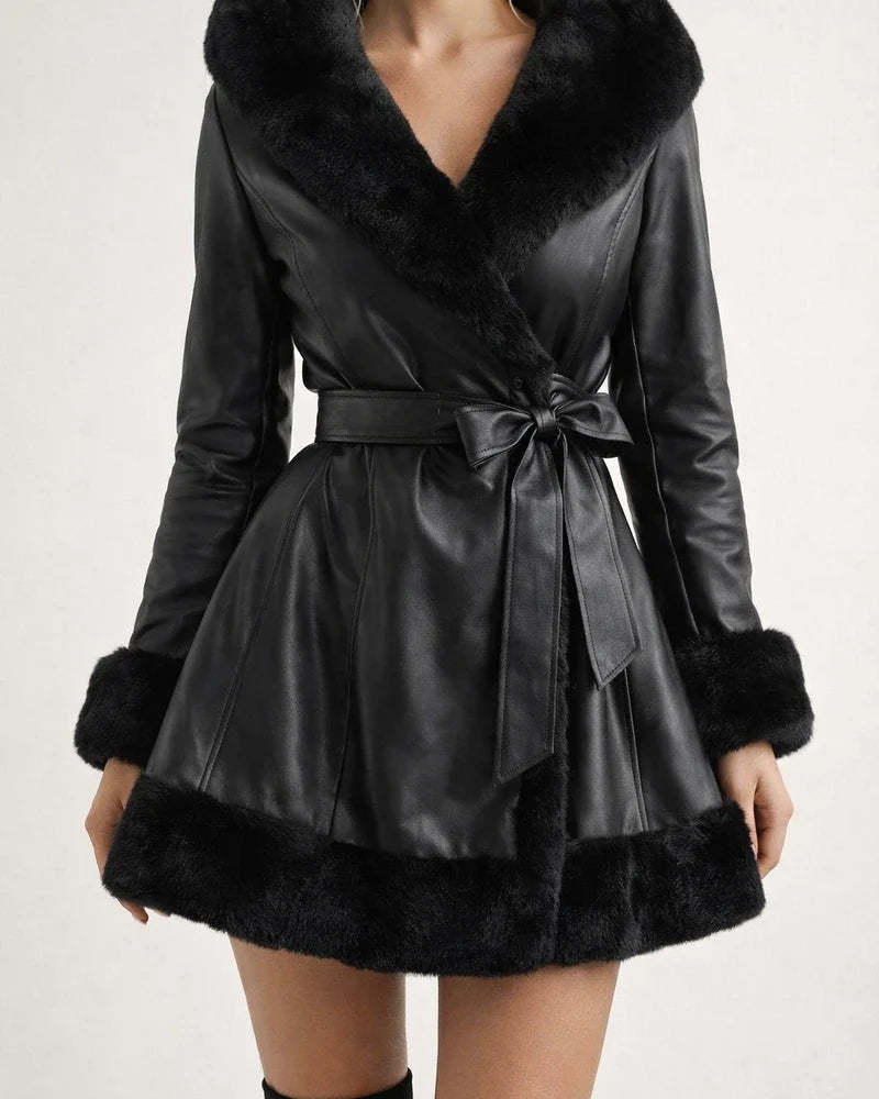 Solid Color Lapel Fur Splicing Jacket Women's Winter Warm Ruffled Lace-up Hooded Jacket Waisted Leather Coat Coat | JRSEE:9bac9c68-fcf5-4c78-ac87-24ca97842c10