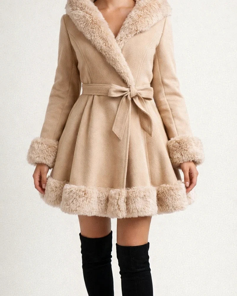 Solid Color Lapel Fur Splicing Jacket Women's Winter Warm Ruffled Lace-up Hooded Jacket Waisted Leather Coat Coat | JRSEE:8d27dd31-cf92-4f75-8c94-47adb4837024