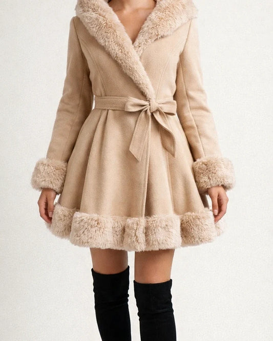 Solid Color Lapel Fur Splicing Jacket Women's Winter Warm Ruffled Lace-up Hooded Jacket Waisted Leather Coat Coat | JRSEE:8d27dd31-cf92-4f75-8c94-47adb4837024